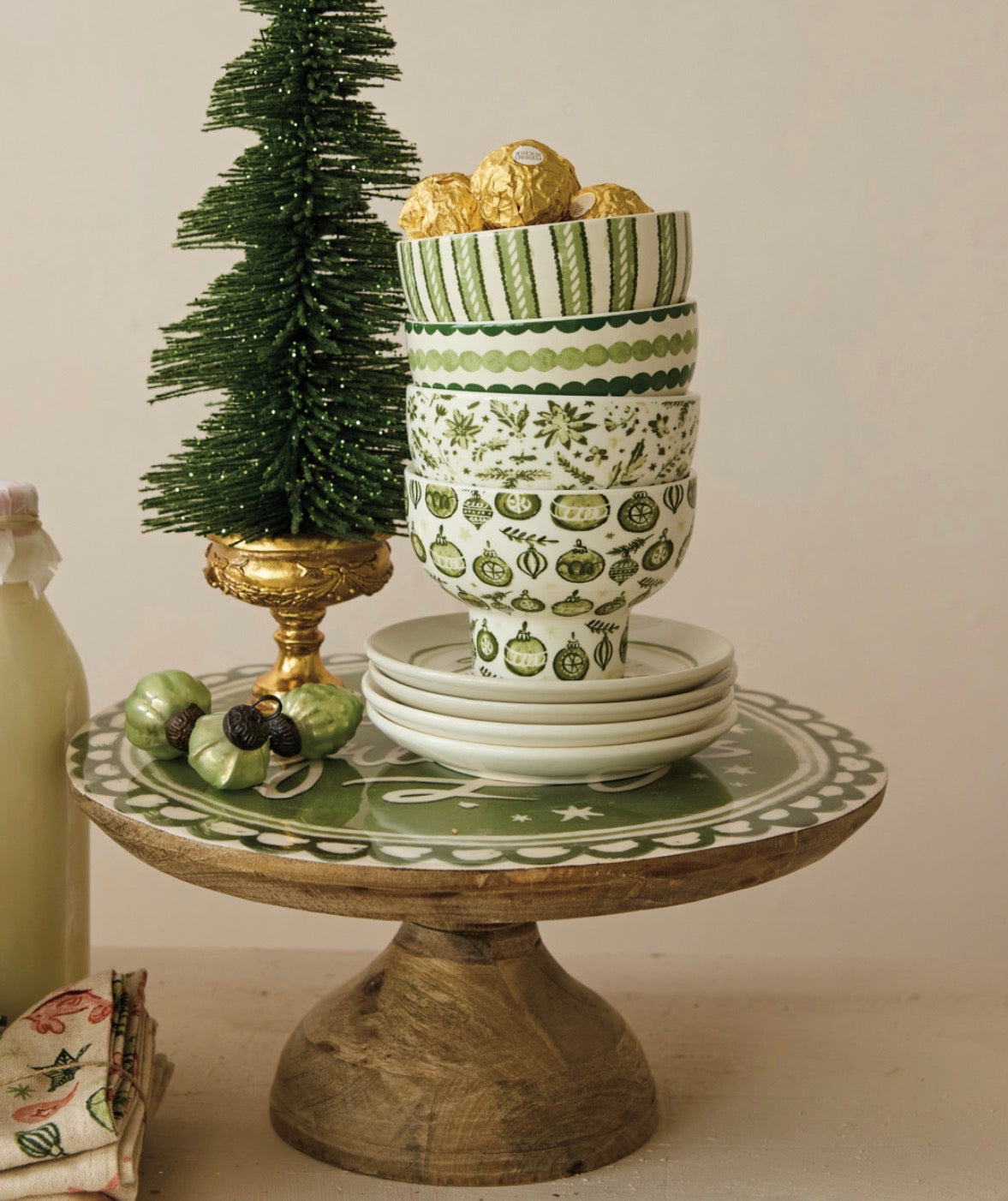 Stoneware Footed Bowl with Holiday Pattern, 4 Styles