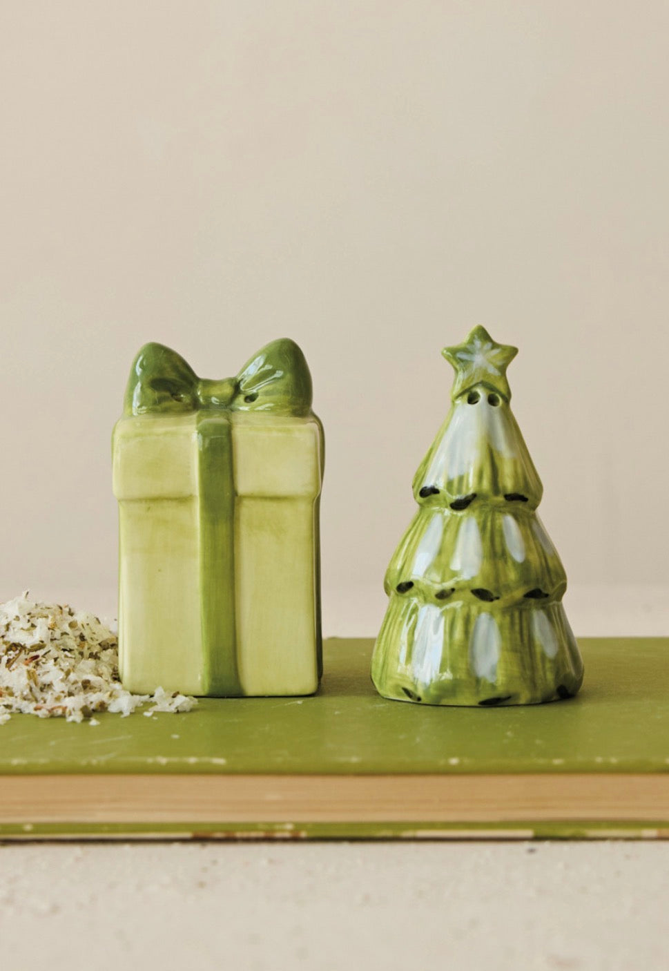 Hand-Painted Stoneware Gift & Tree Shaped Salt & Pepper Shakers, Set of 2