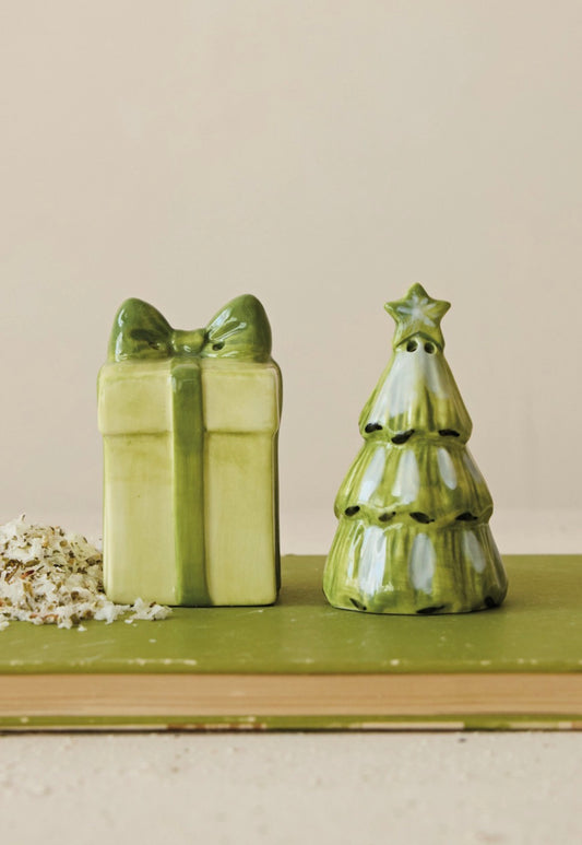 Hand-Painted Stoneware Gift & Tree Shaped Salt & Pepper Shakers, Set of 2