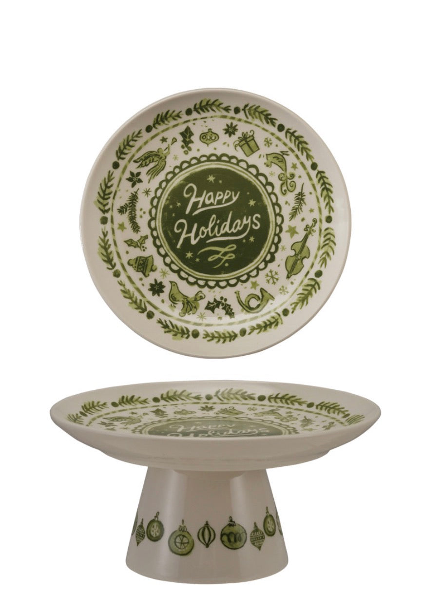 Stoneware Pedestal with Holiday Design "Happy Holidays"