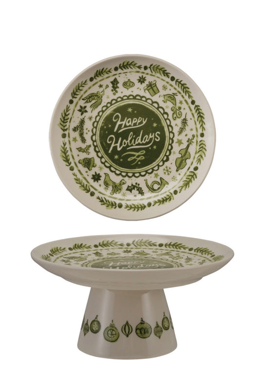 Stoneware Pedestal with Holiday Design "Happy Holidays"