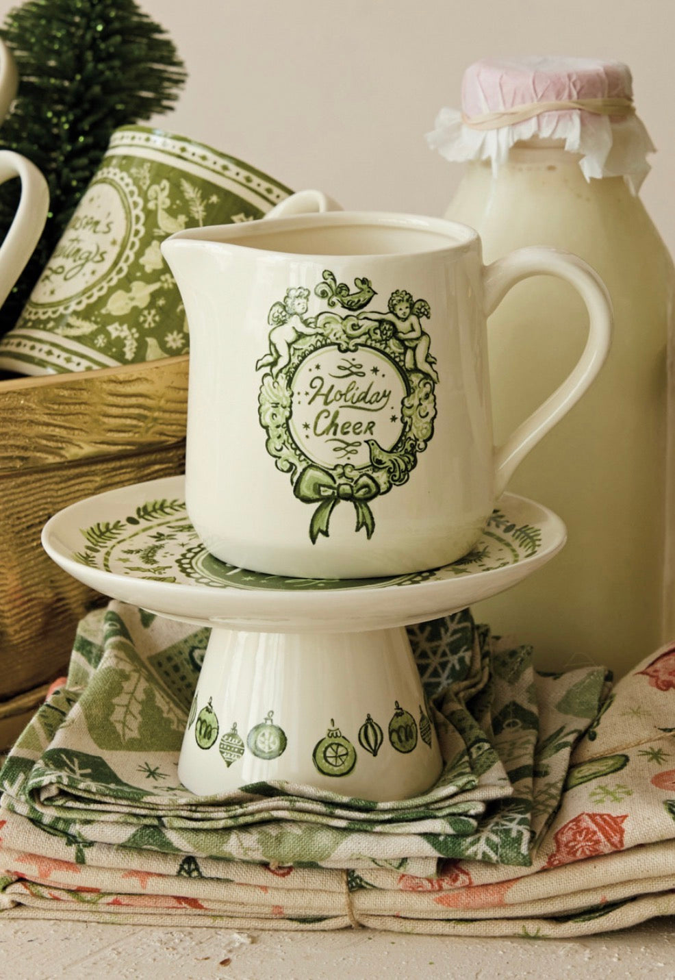 14 oz. Stoneware Creamer with Holiday Design "Holiday Cheer"
