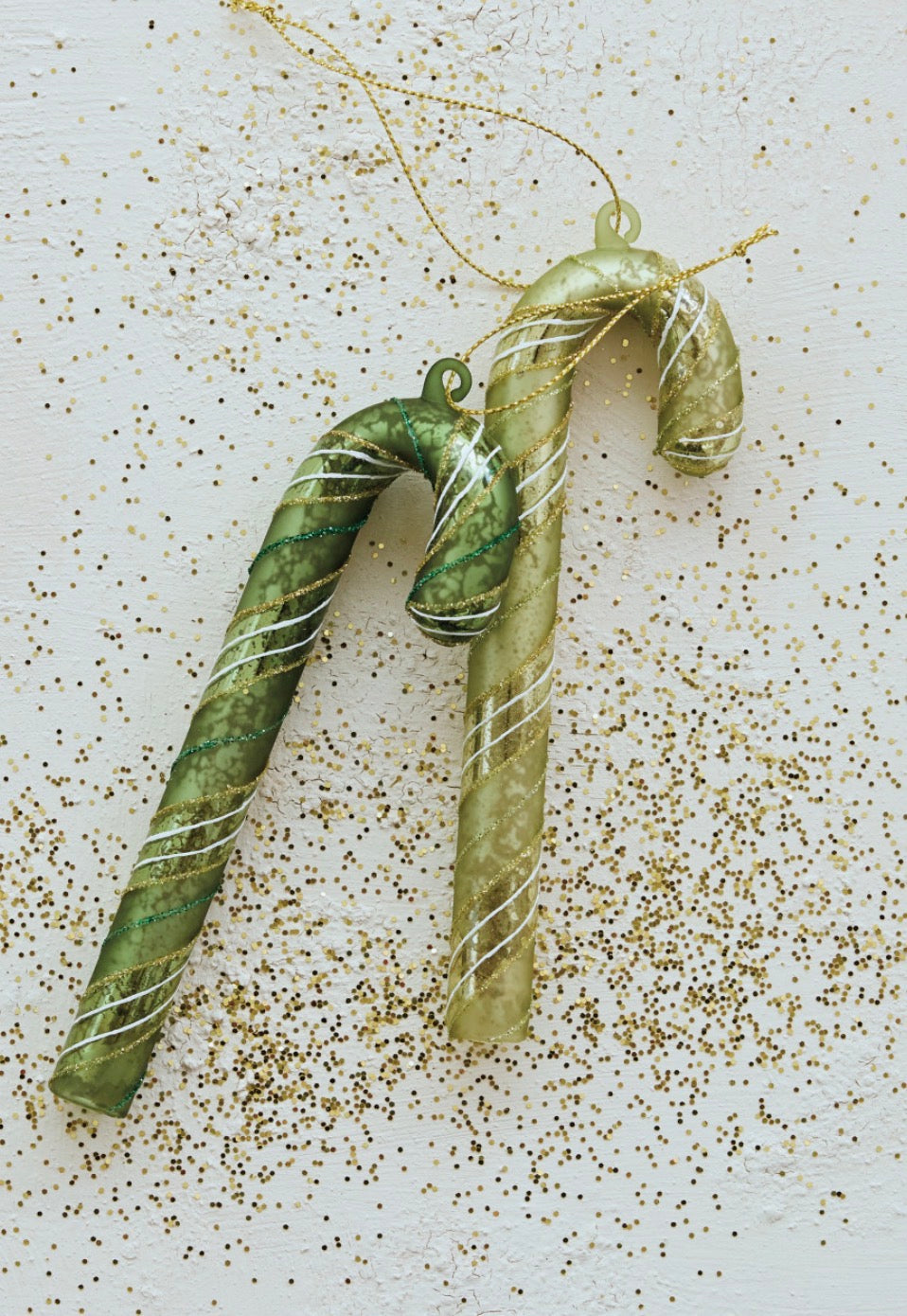Glass Candy Cane Ornament with Stripes & Glitter, 2 Colors