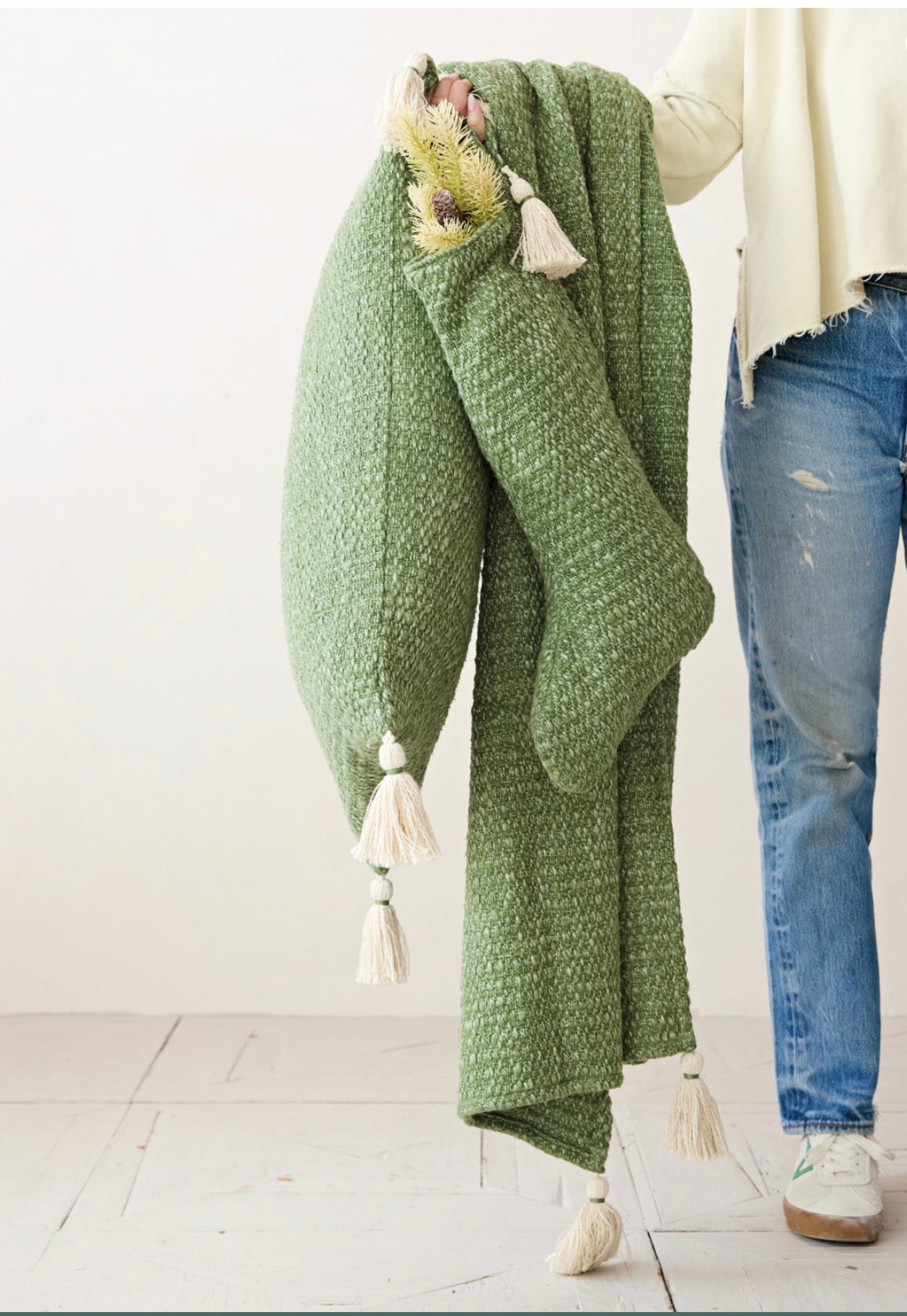 Stonewashed Woven Cotton Blend Slub Stocking with Tassel