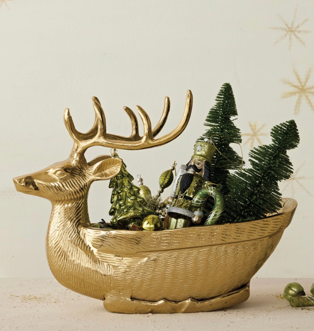 Cast Aluminum Reindeer Shaped Bowl/Bottle Holder, Gold Finish