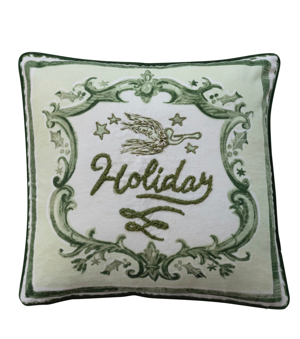 20" Square Cotton Printed Pillow with Embroidery, Piping & Cotton Velvet Striped Back