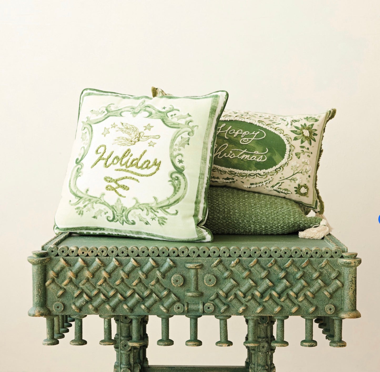 20" Square Cotton Printed Pillow with Embroidery, Piping & Cotton Velvet Striped Back
