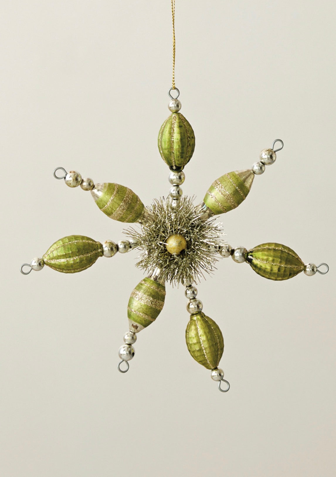 Glass Beaded Snowflake Ornament, Silver Finish & Green