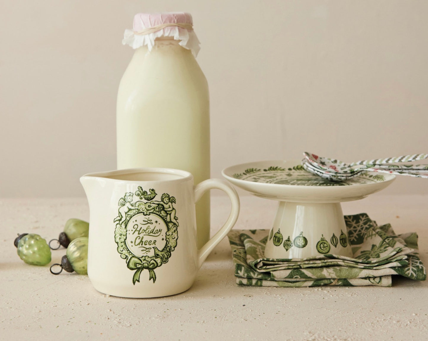 14 oz. Stoneware Creamer with Holiday Design "Holiday Cheer"