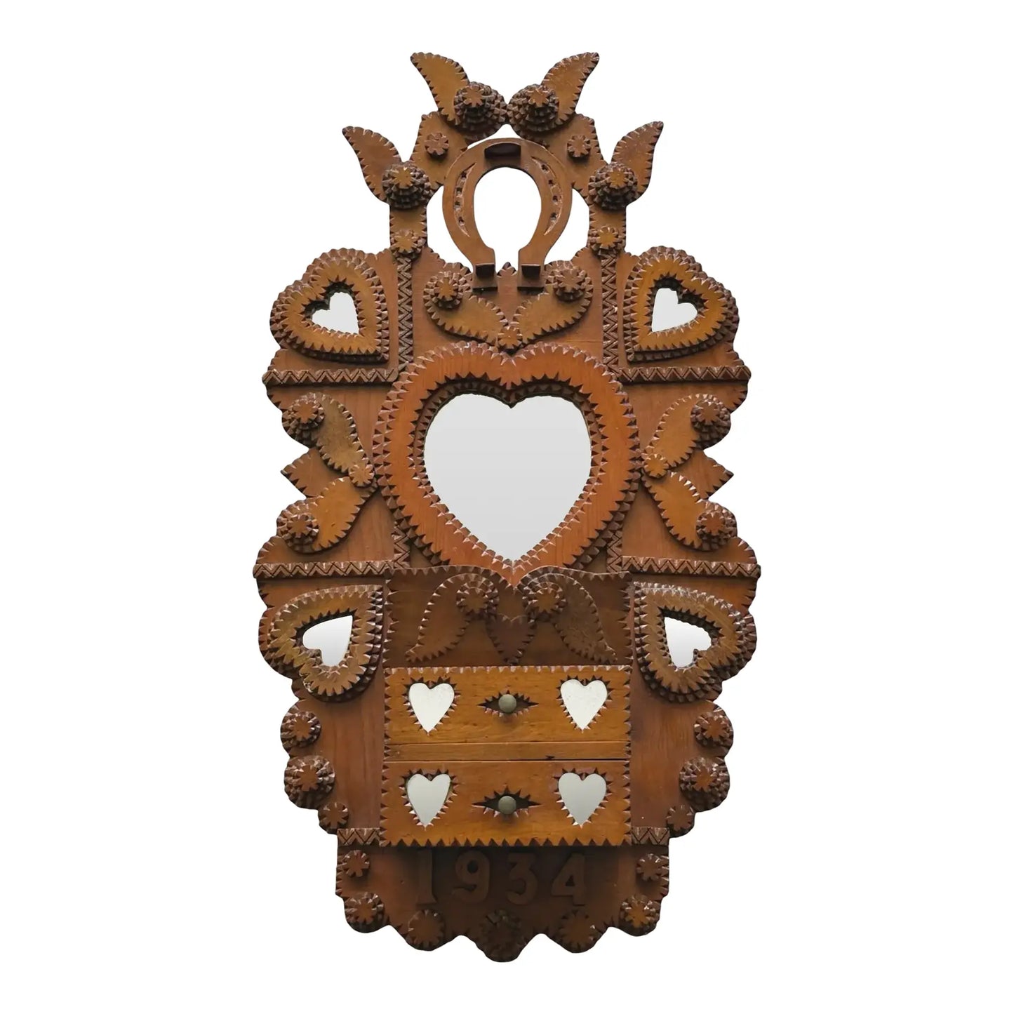 Antique Hand Carved Tramp Art Heart and Winged Motif Wall Pocket, 1934