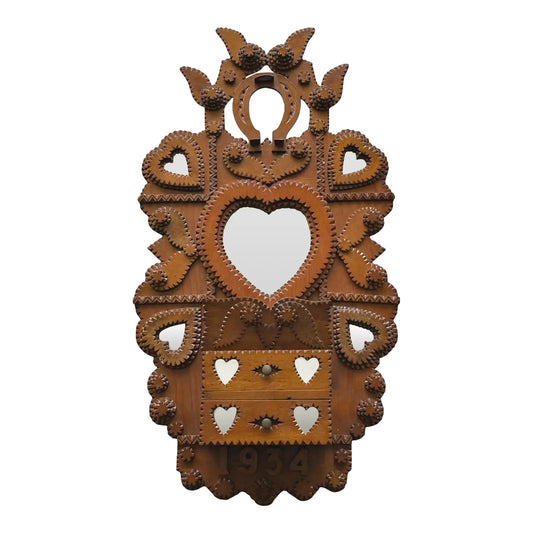 Antique Hand Carved Tramp Art Heart and Winged Motif Wall Pocket, 1934