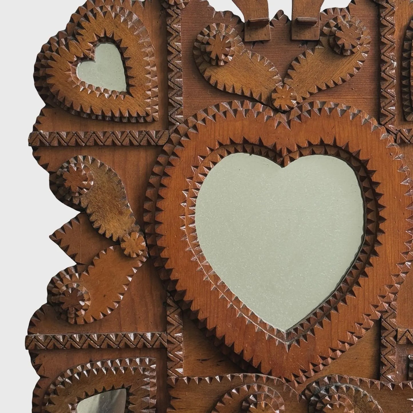 Antique Hand Carved Tramp Art Heart and Winged Motif Wall Pocket, 1934
