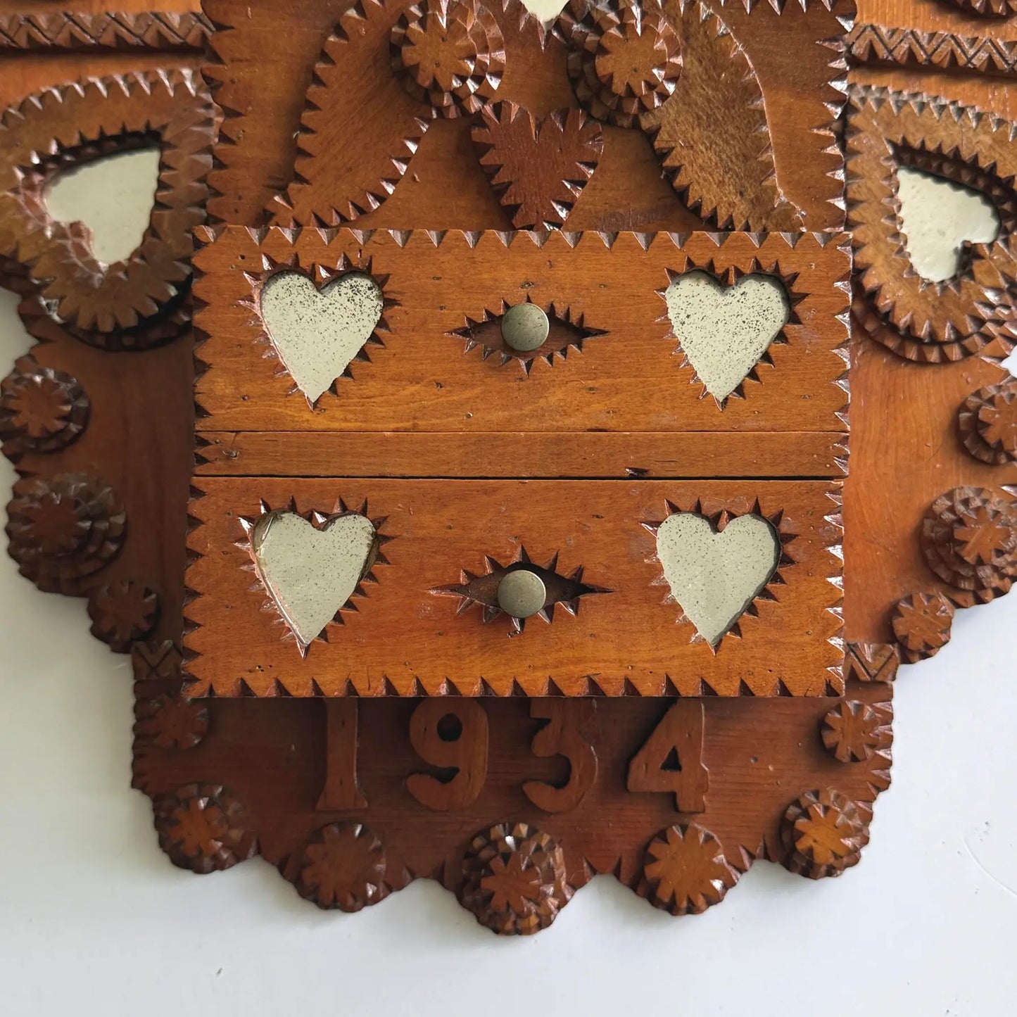 Antique Hand Carved Tramp Art Heart and Winged Motif Wall Pocket, 1934
