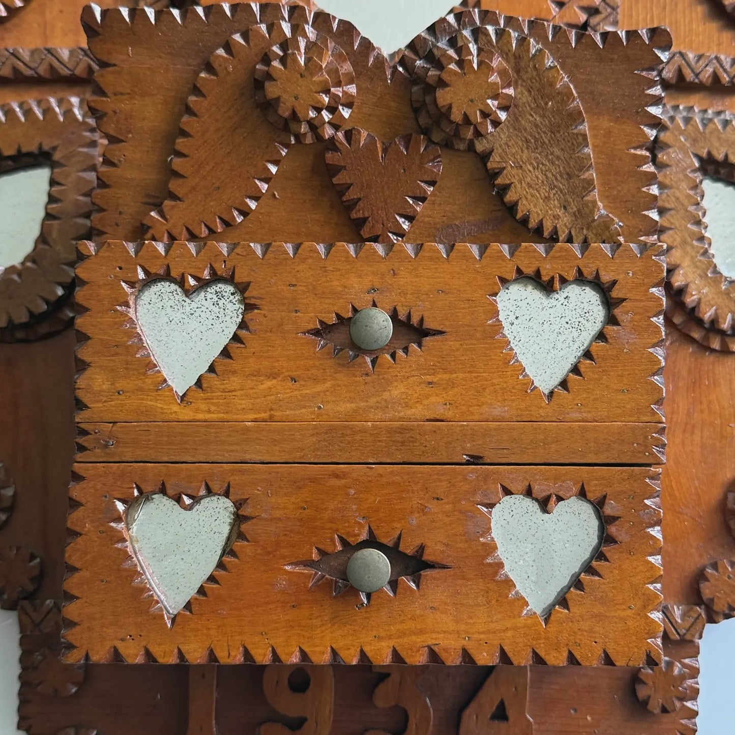 Antique Hand Carved Tramp Art Heart and Winged Motif Wall Pocket, 1934