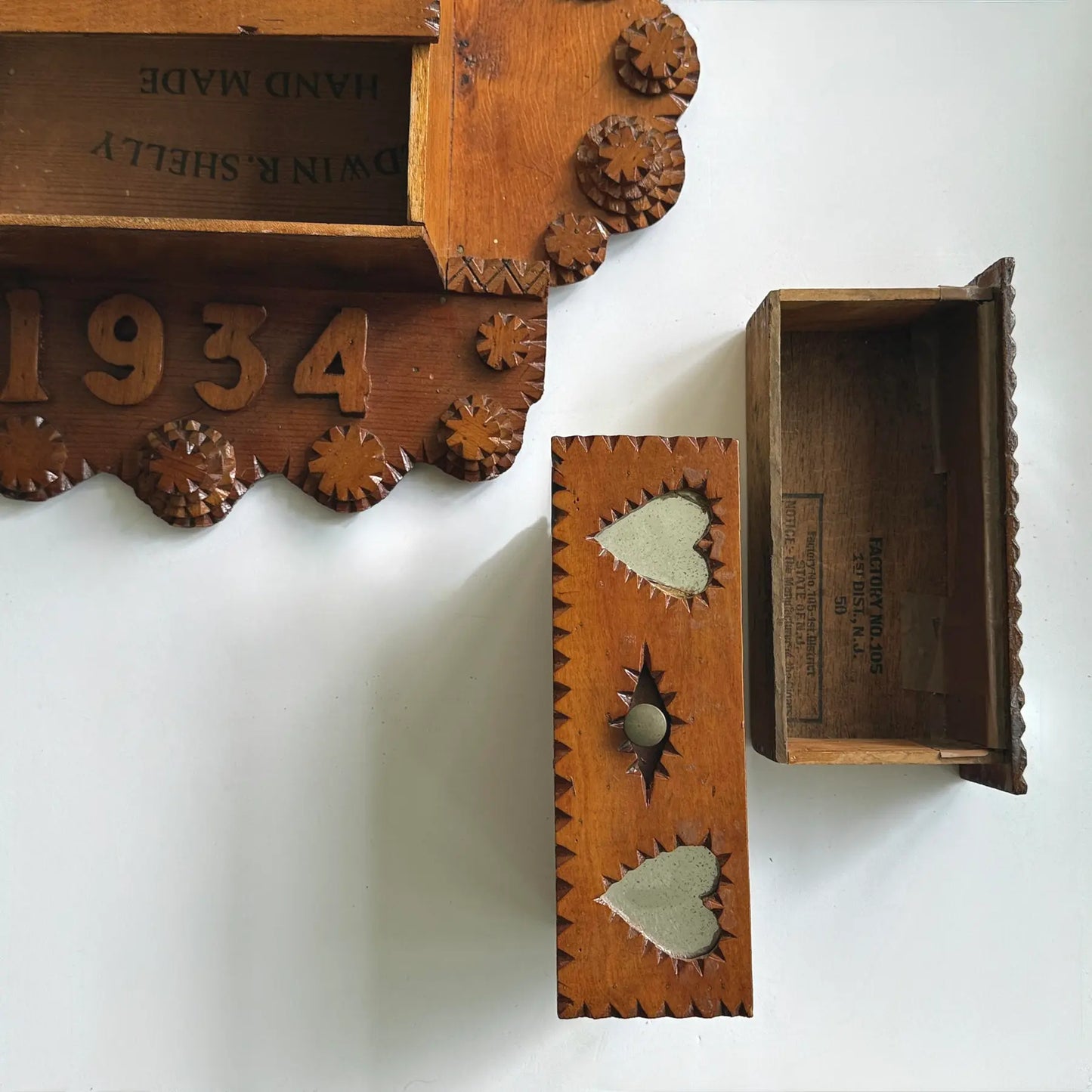 Antique Hand Carved Tramp Art Heart and Winged Motif Wall Pocket, 1934