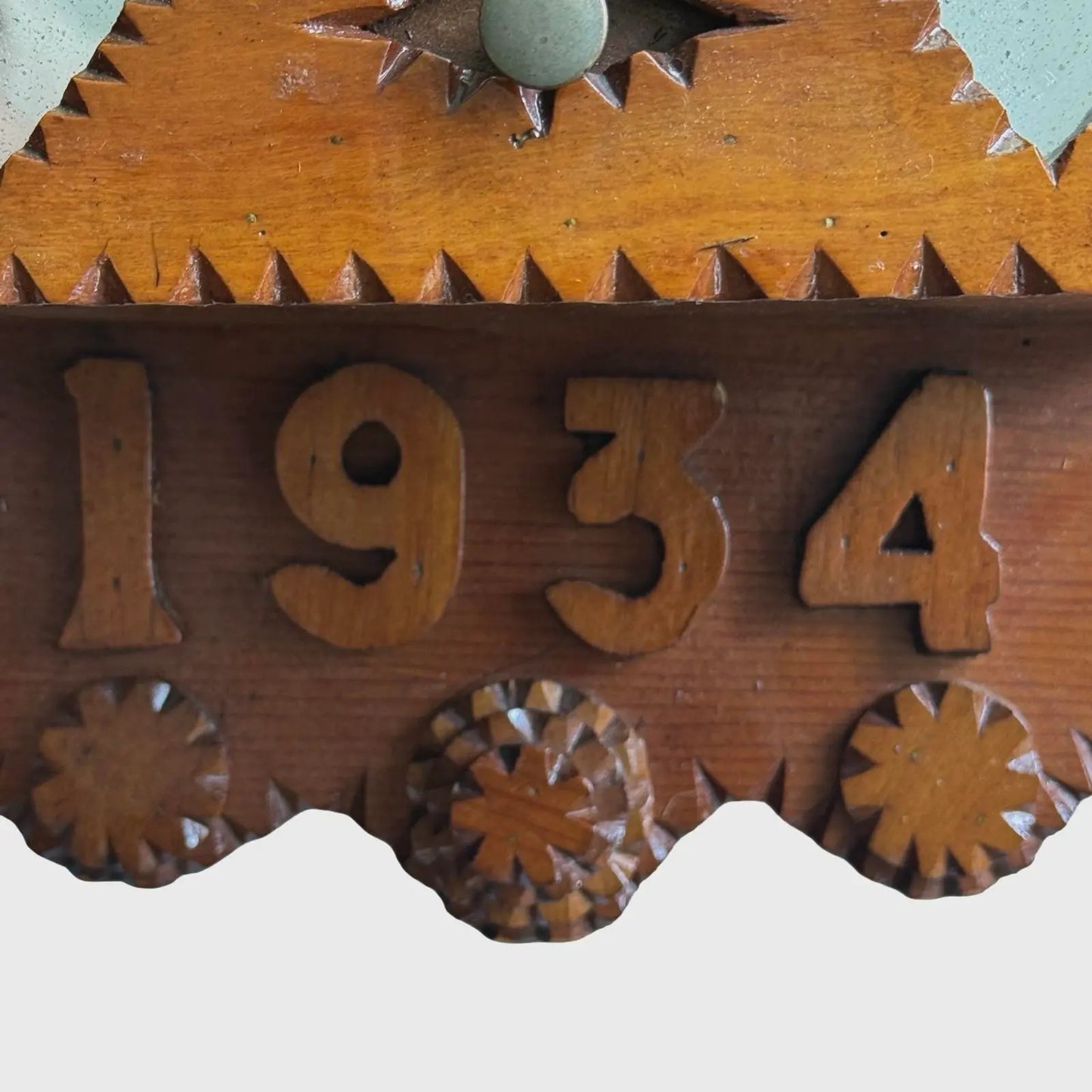 Antique Hand Carved Tramp Art Heart and Winged Motif Wall Pocket, 1934