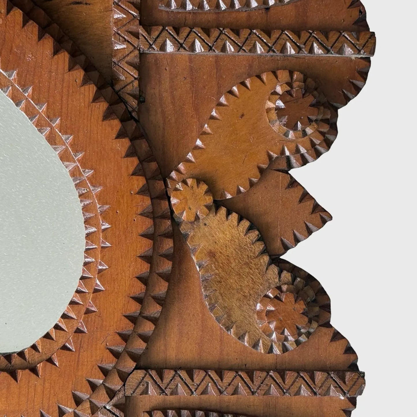 Antique Hand Carved Tramp Art Heart and Winged Motif Wall Pocket, 1934