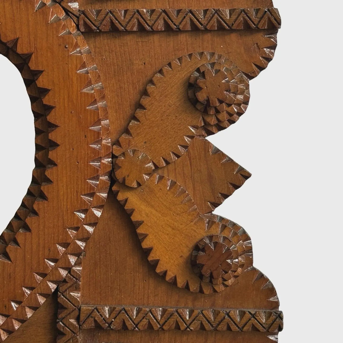 Antique Hand Carved Tramp Art Heart and Winged Motif Wall Pocket, 1934