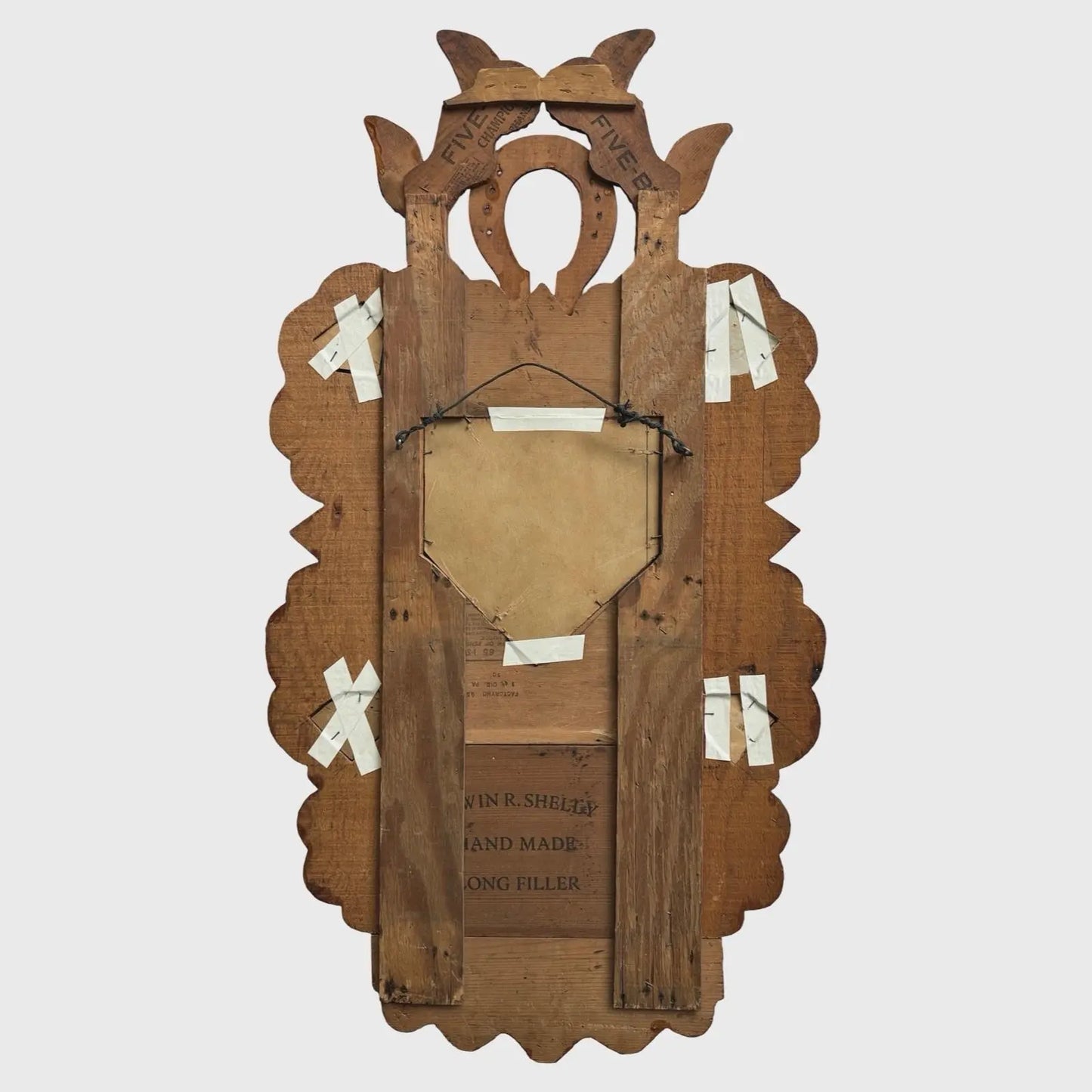 Antique Hand Carved Tramp Art Heart and Winged Motif Wall Pocket, 1934