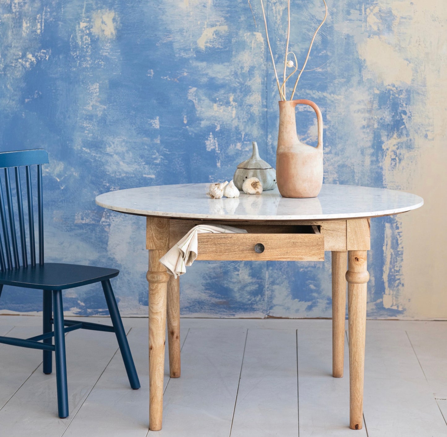 Wood Dining Table with Drawer & Marble Top
