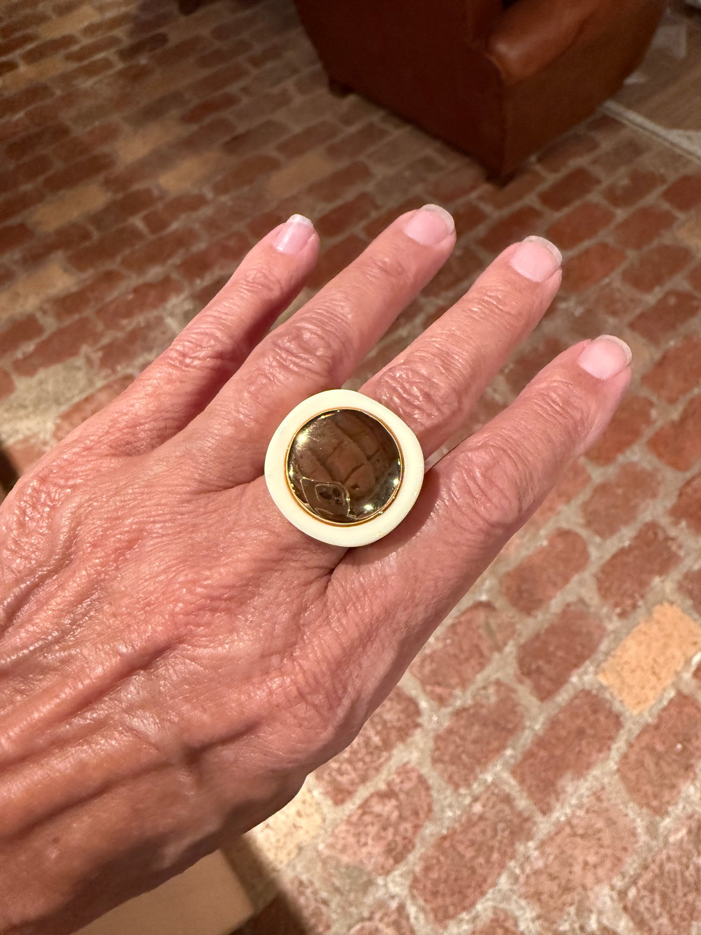 Ivory Resin Gold Round Disc Ring