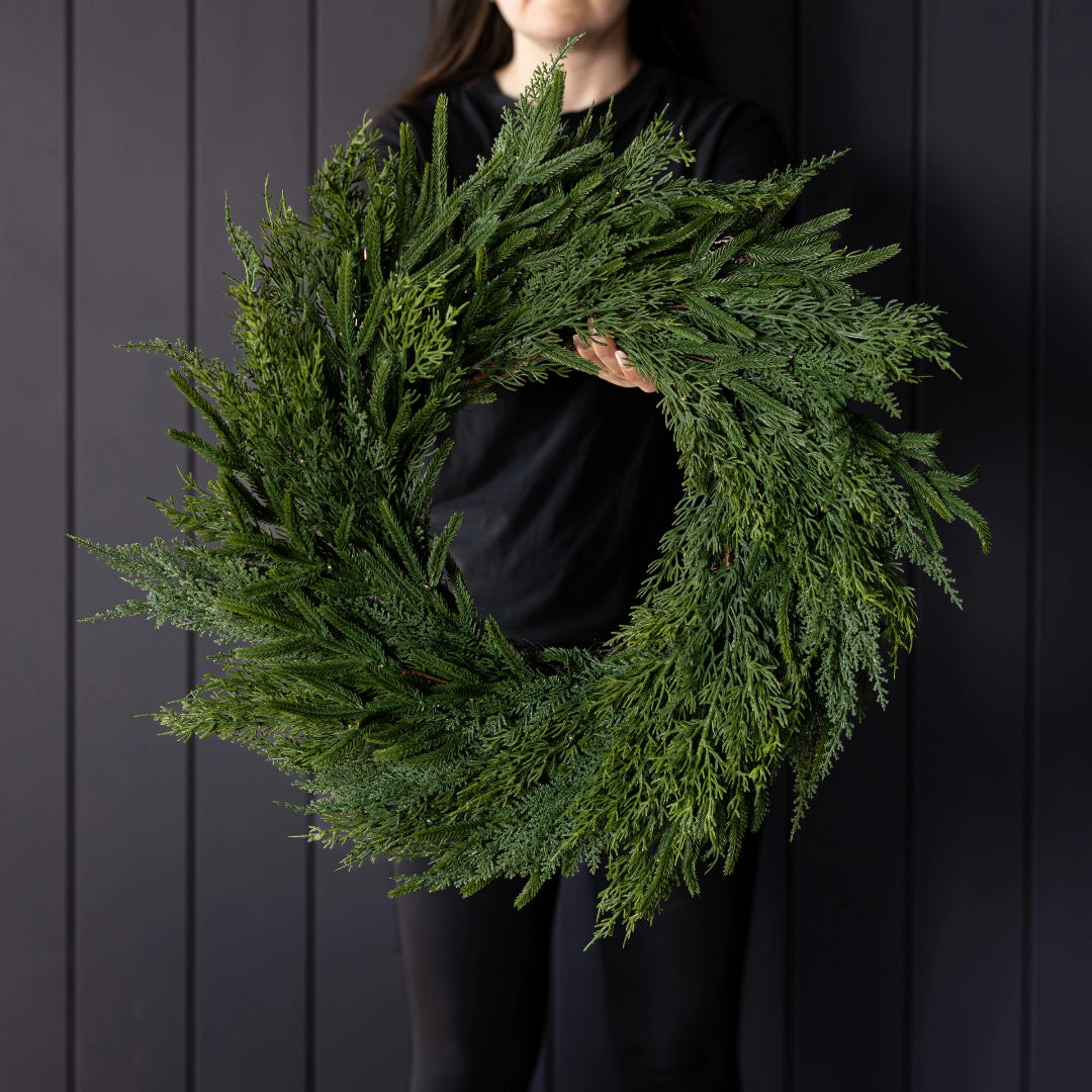 LED Norfolk & Cypress Mixed Real Touch Wreath - 24" Pre-lit