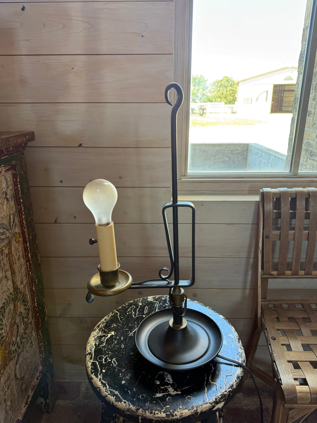 Vintage Sculptural Iron Lamp Custom Shade