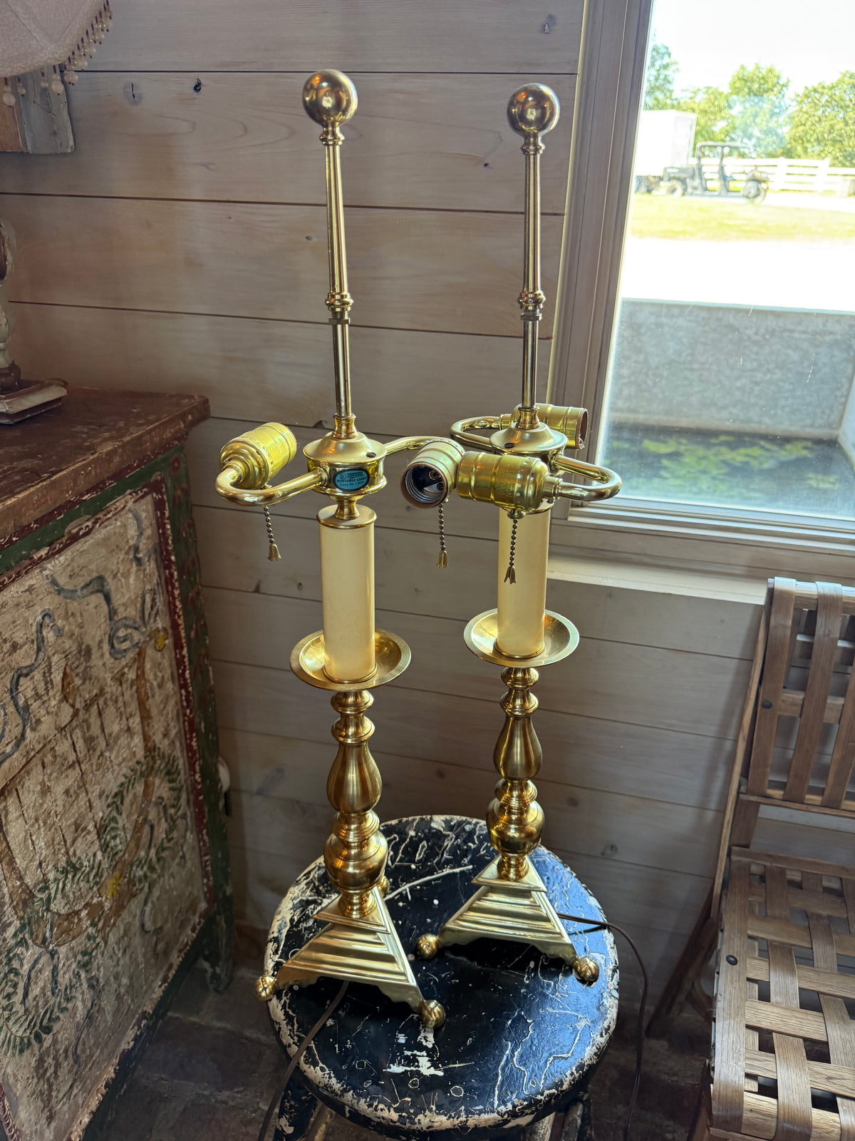 Pair of Vintage Brass Table Lamps With Custom Shades