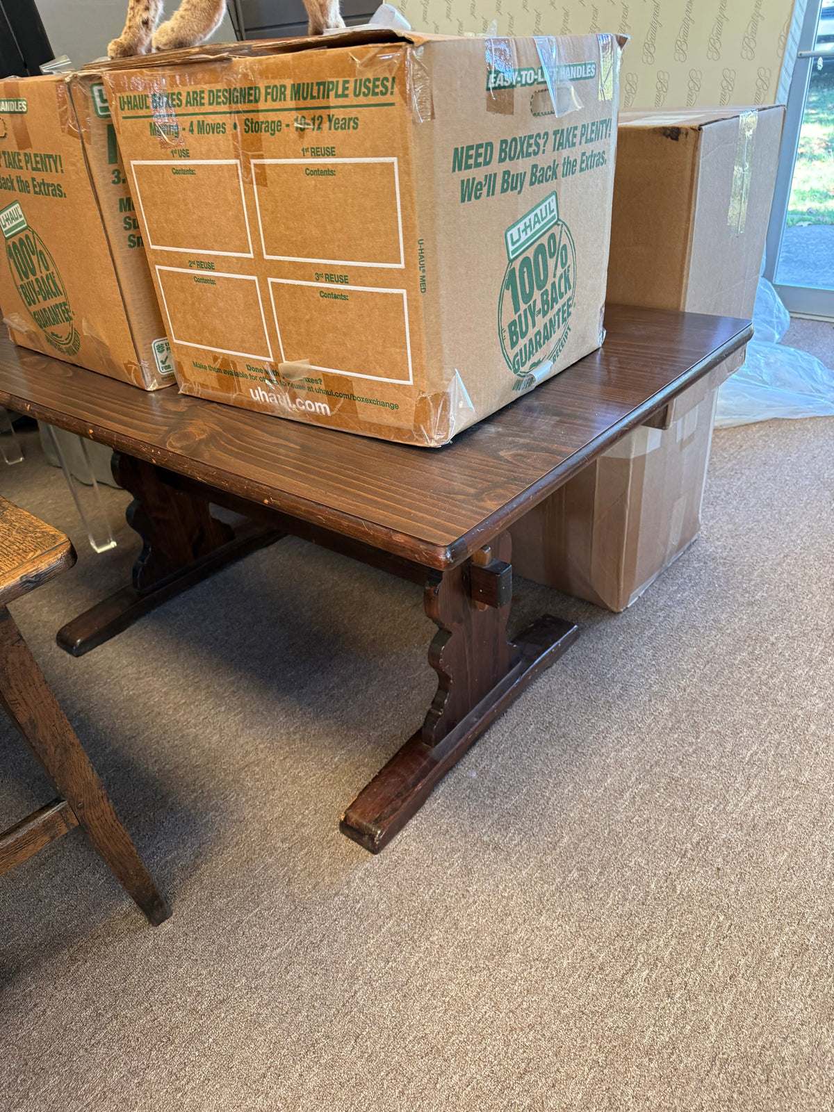 Vintage Rustic Trestle Dining Table & Four Captain’s Chairs