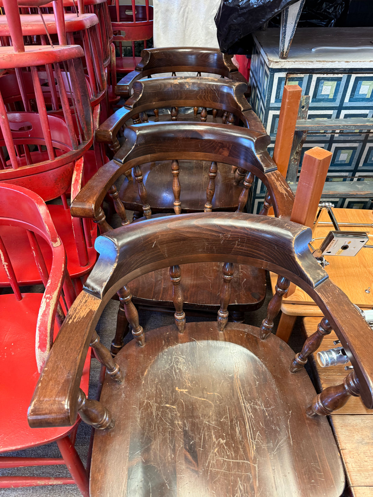 Vintage Rustic Trestle Dining Table & Four Captain’s Chairs