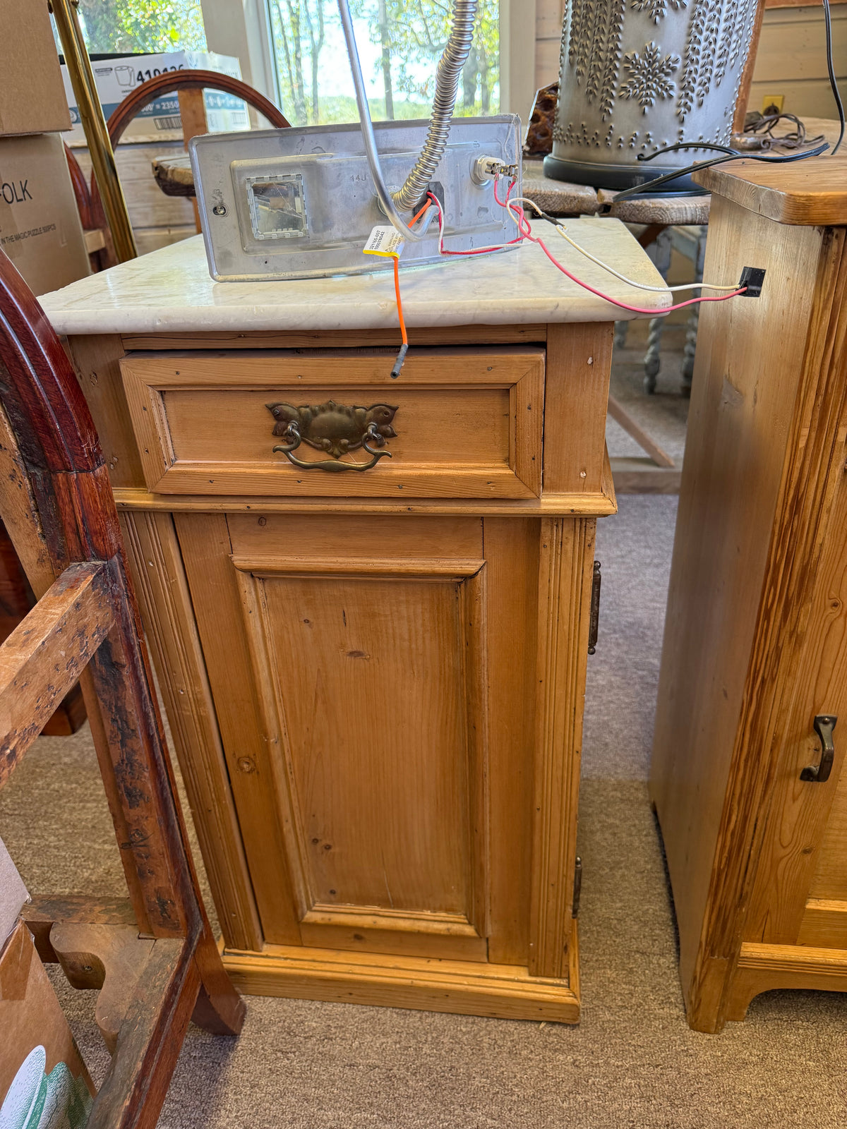 Antique Pine Marble -Top Bedside Cupboard
