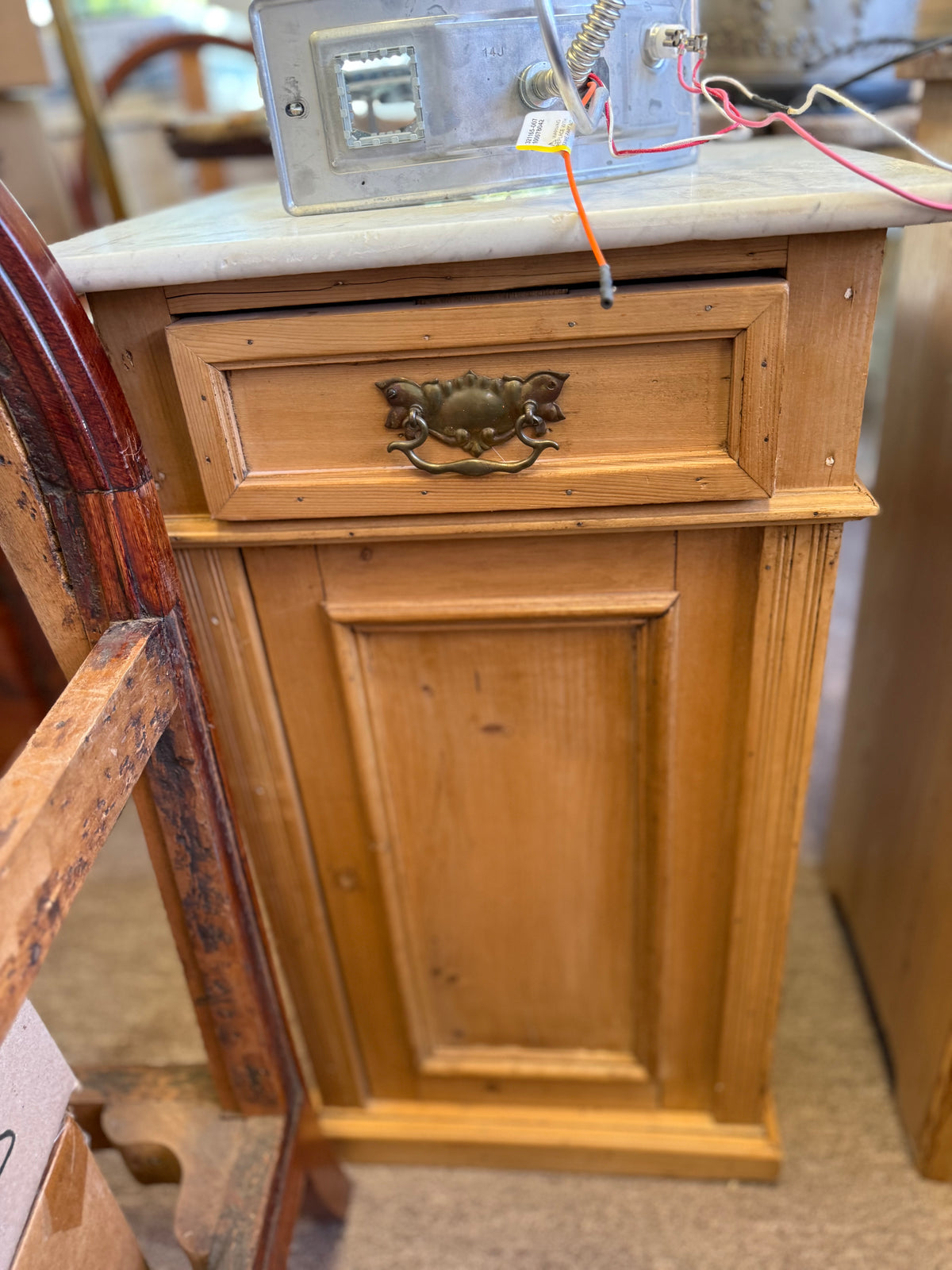 Antique Pine Marble -Top Bedside Cupboard