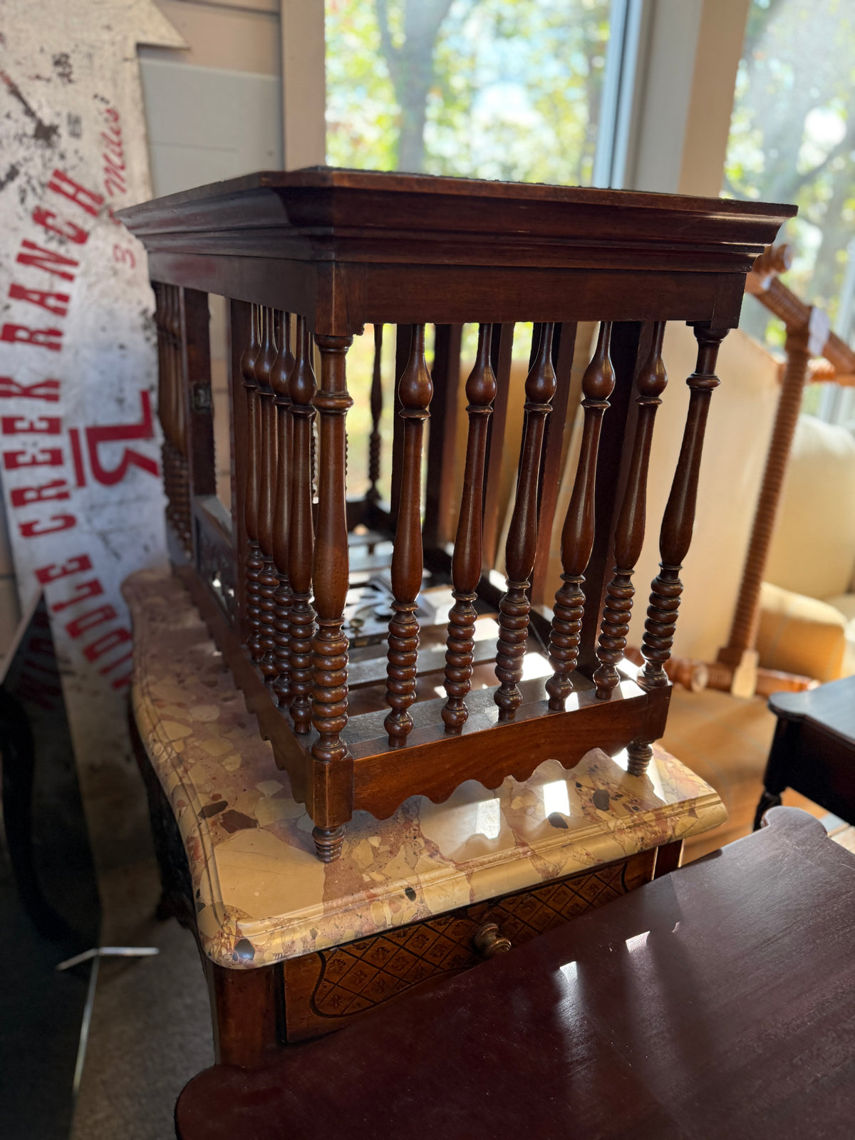 Antique Turned-Spindle Wood Cabinet/Stand Marble Top