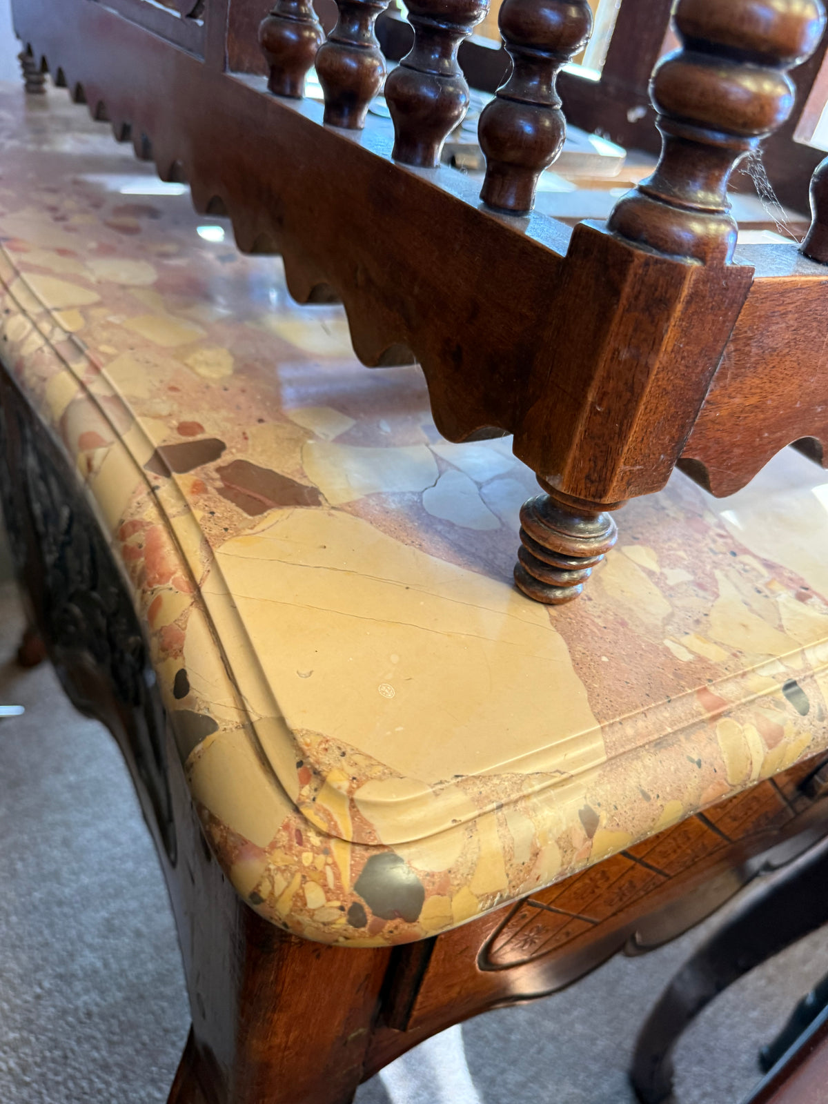 Antique Turned-Spindle Wood Cabinet/Stand Marble Top