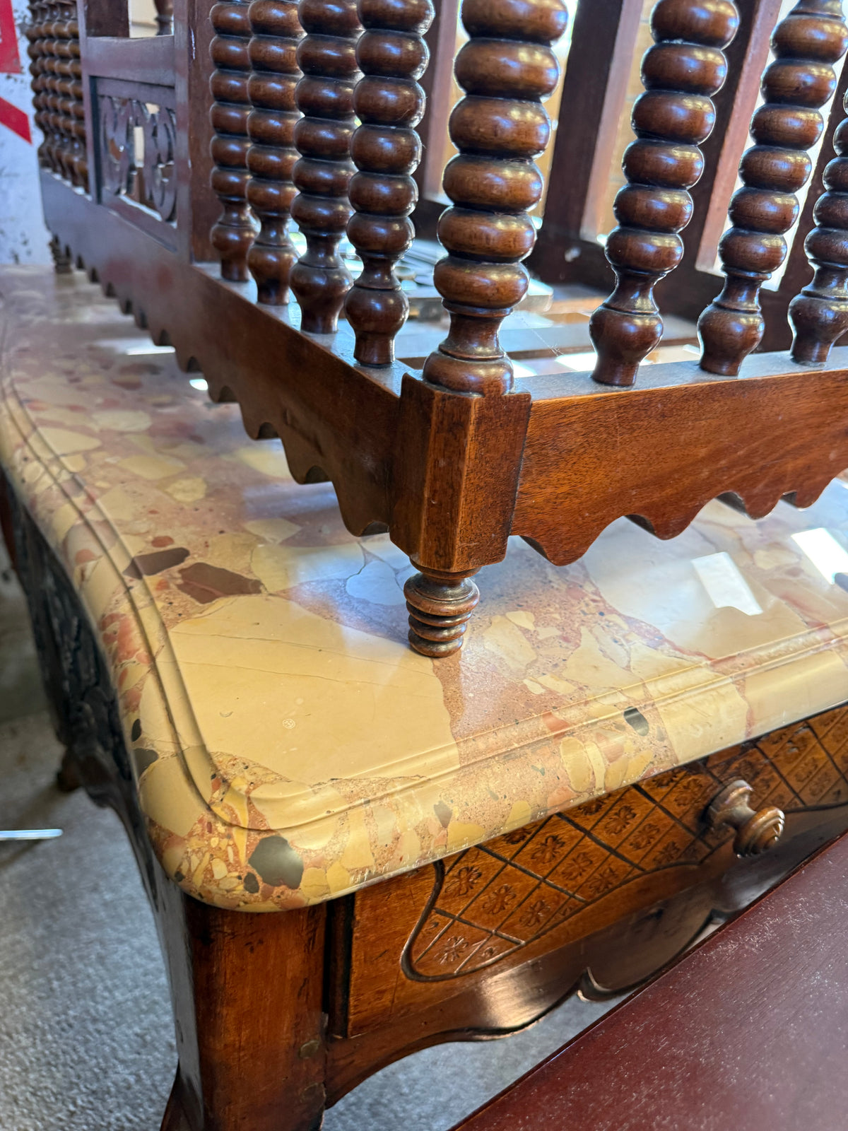 Antique Turned-Spindle Wood Cabinet/Stand Marble Top