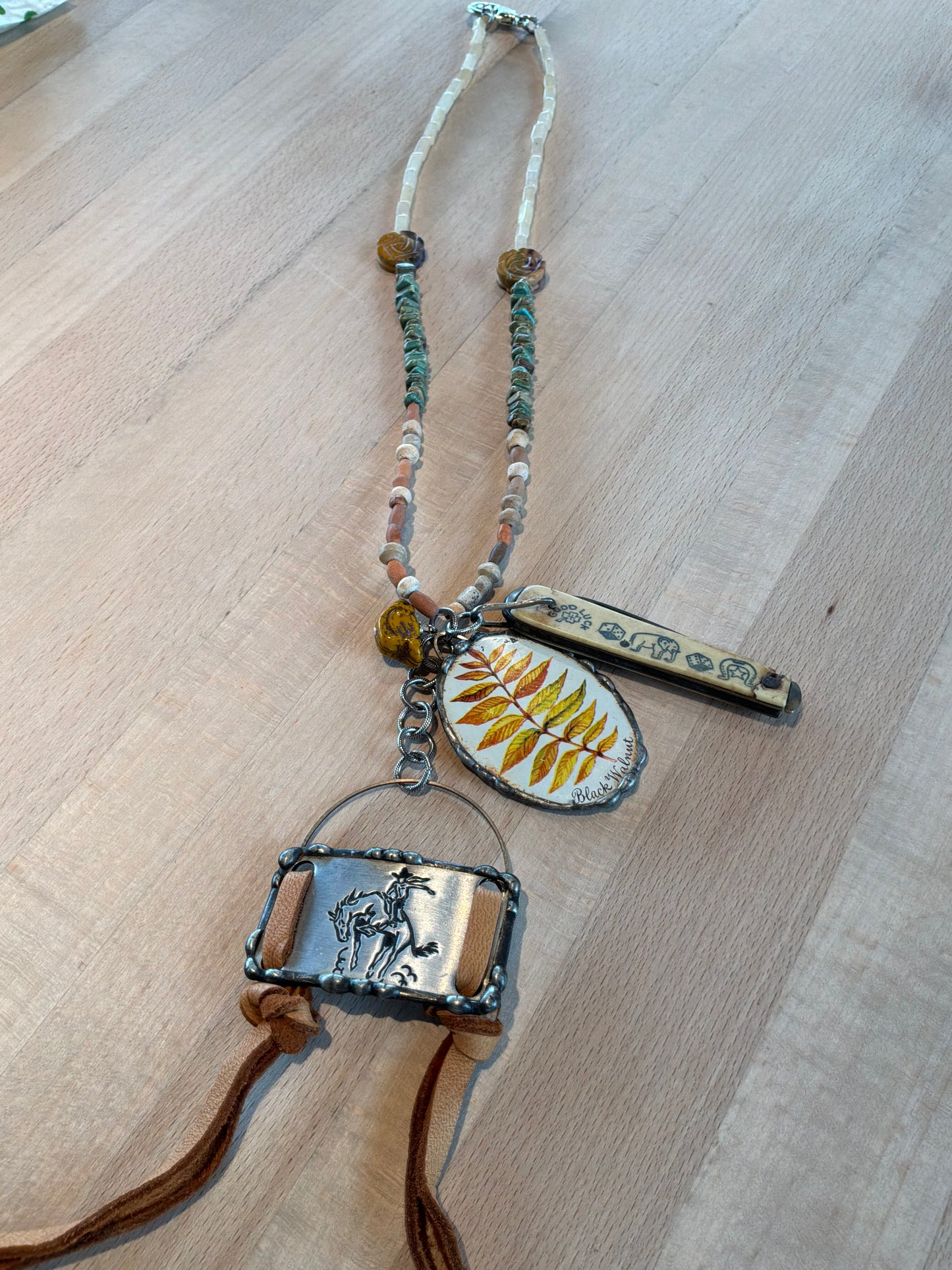 Pocket Knife, Golden Leaves, Bronc Rider Necklace