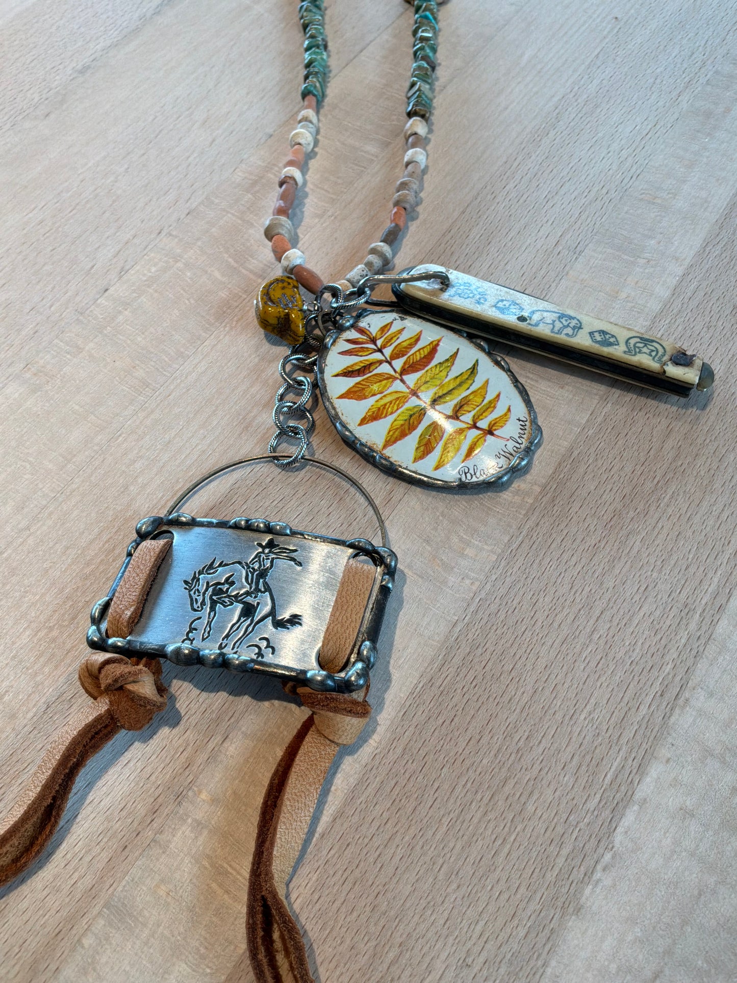 Pocket Knife, Golden Leaves, Bronc Rider Necklace