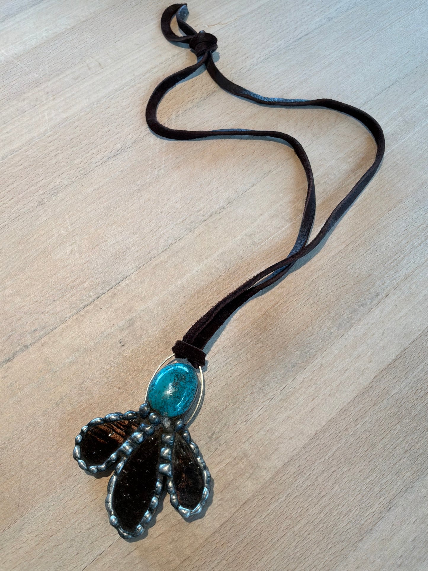 Brown Pottery Necklace with Turquoise on Brown Leather
