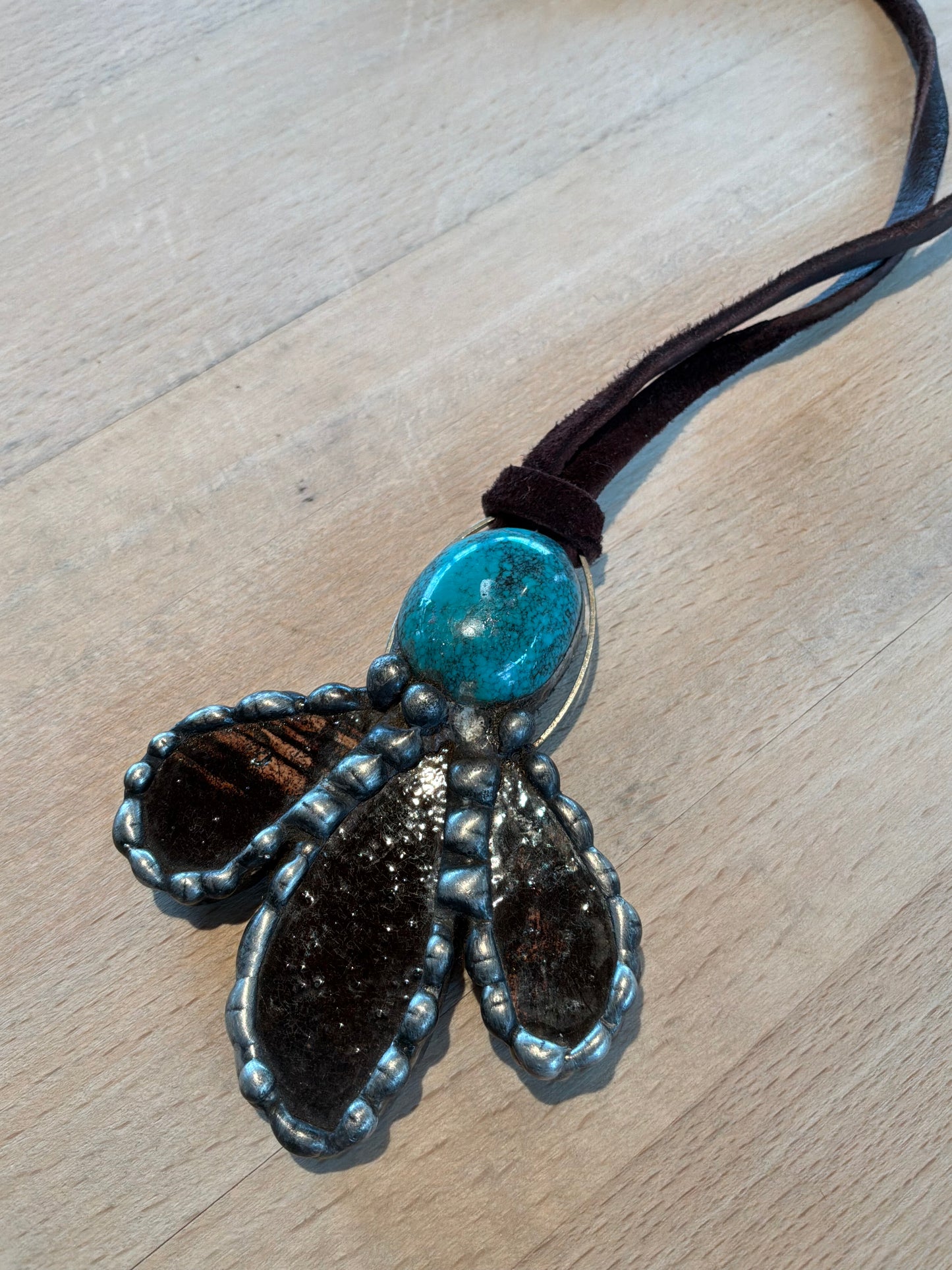 Brown Pottery Necklace with Turquoise on Brown Leather