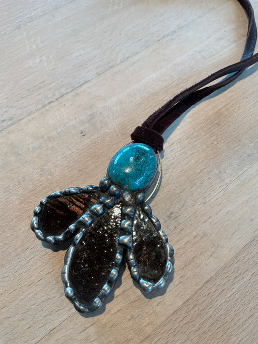 Brown Pottery Necklace with Turquoise on Brown Leather