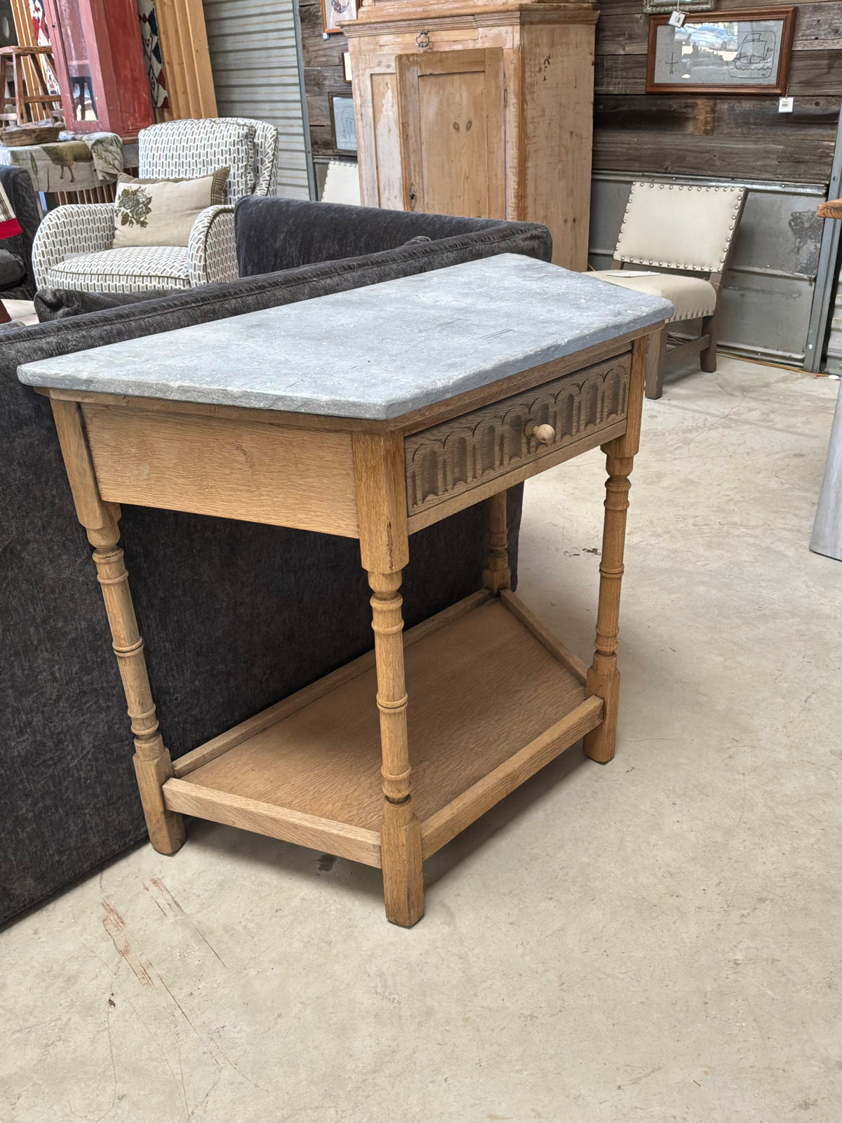 French Country-Style Oak Console with Bluestone Top