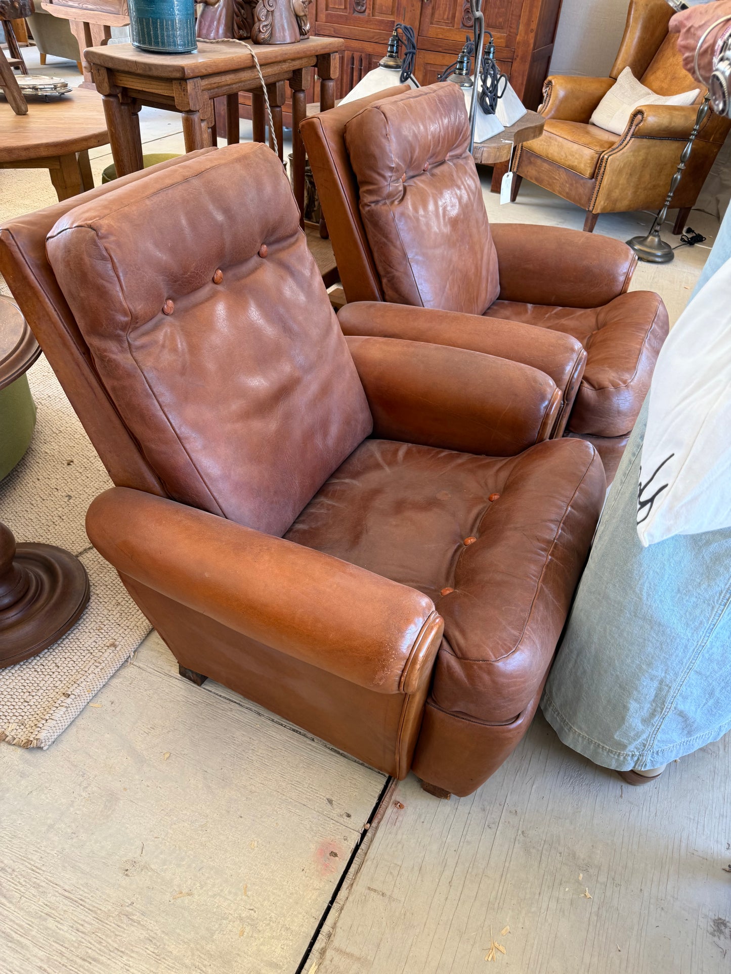 Pair French Leather Lounge Chairs