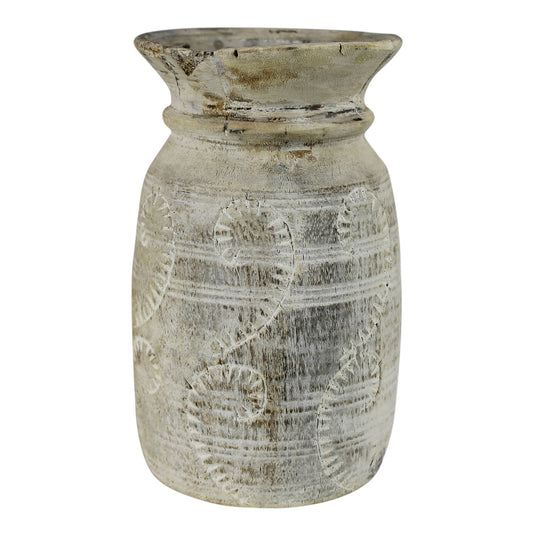 Carved Wood Pot Whitewashed