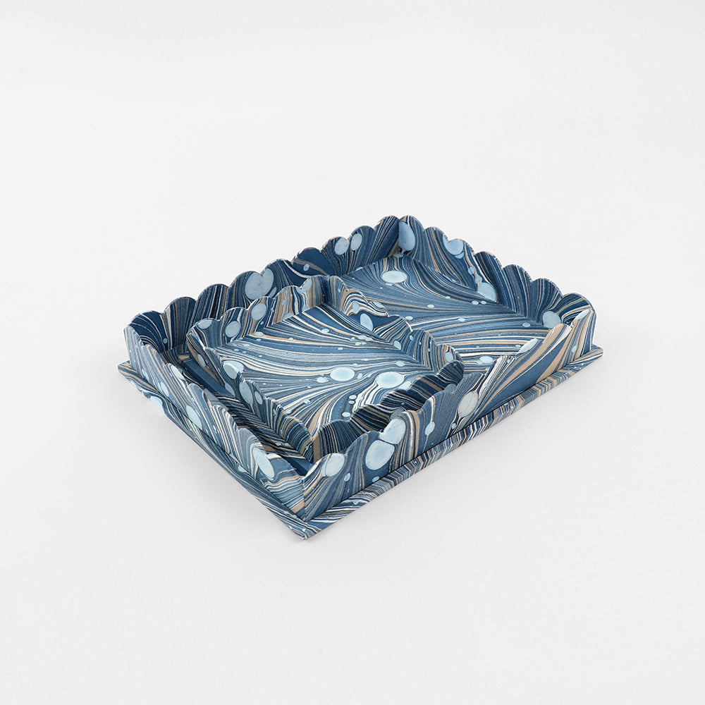 Scalloped Tray Set Blue Fire Whirl