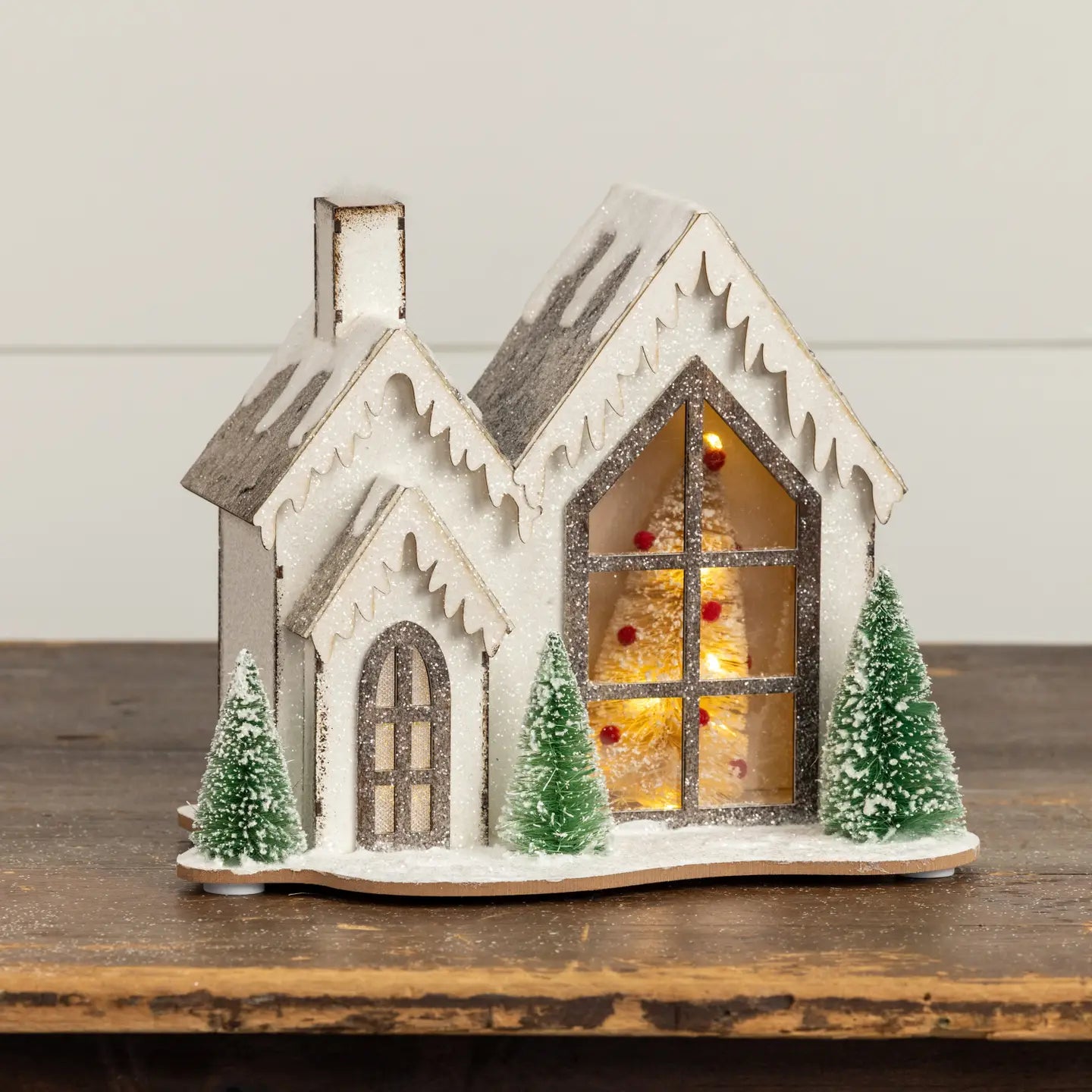 Lighted Wood Snowy Holiday House
