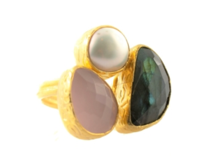 Ring Made from brass, labradorite, Rosequartz and Pearl