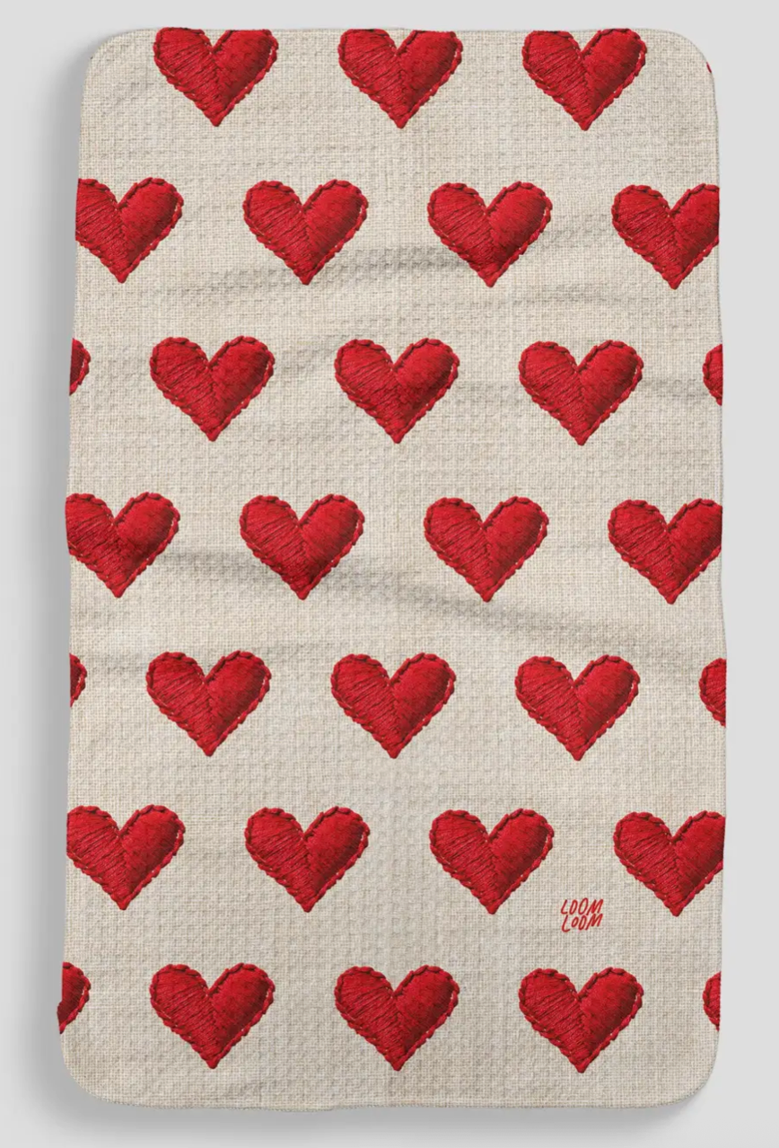 Embroidered Hearts Kitchen Towel