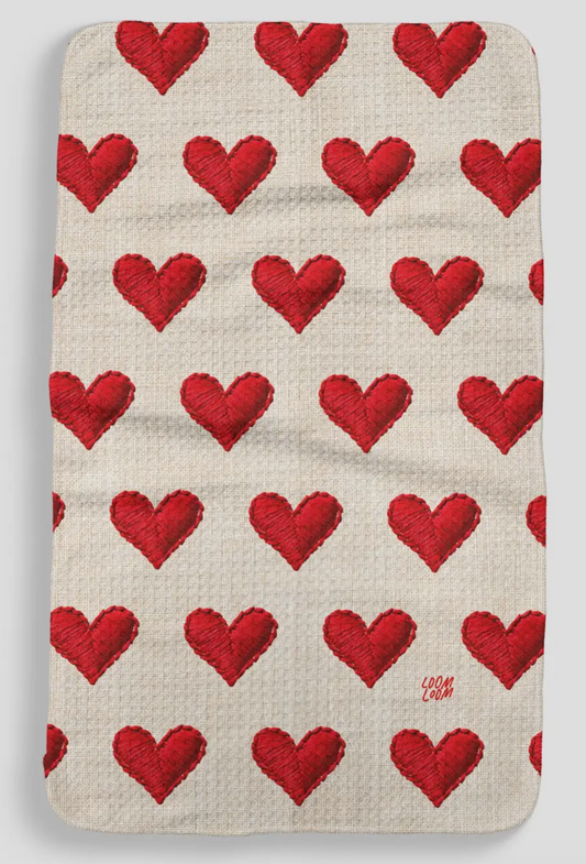 Embroidered Hearts Kitchen Towel