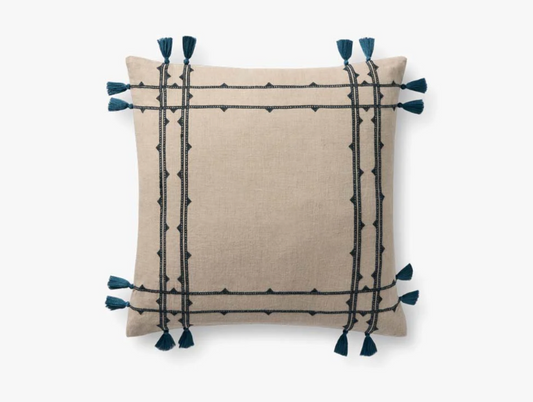 Natural & Blue Linen Tassel Pillow