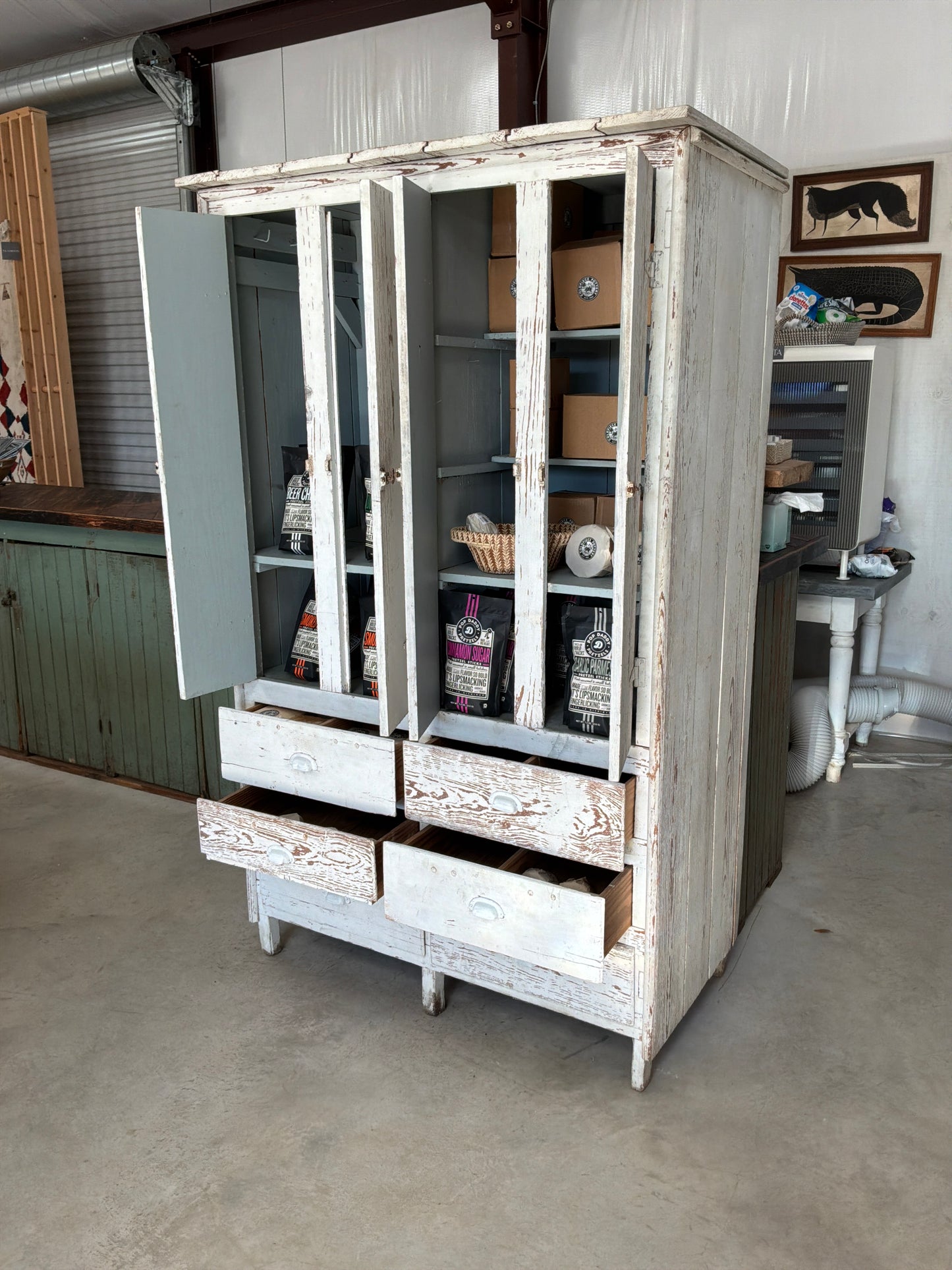 White Chippy Large Cabinet Blue Interior